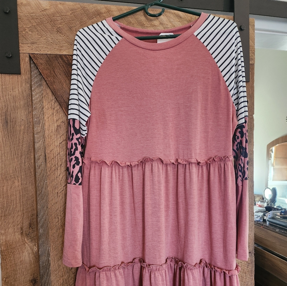 Striped and Leopard Print Midi Dress in Pink